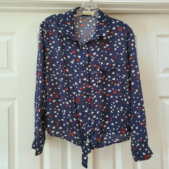 Love Notes Tops - Love notes navy blue red hearts tie front blouse